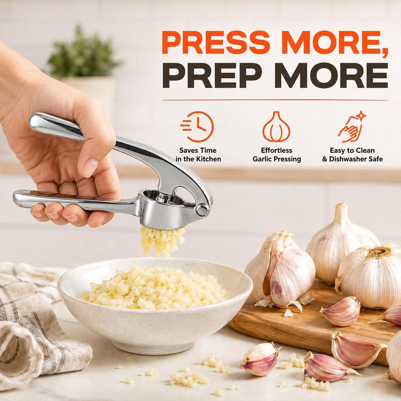 CUNSENR Garlic Press Set, Premium Rust Proof Garlic Mincer Tool with Ergonomic Handle, Easy Squeeze u0026 Easy Clean Garlic Crusher, Dishwasher Safe with Silicone Peeler and Brush -  Silver - Image 2