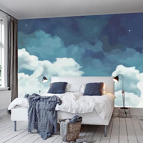 WFBHUAVintage Cloud Wallpaper Hand Painted Blue and White Clouds Stars Kids Wall Murals Decor for Bedroom RoomNot Peel and Stick - Image 1
