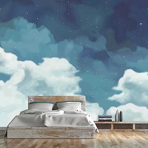 WFBHUAVintage Cloud Wallpaper Hand Painted Blue and White Clouds Stars Kids Wall Murals Decor for Bedroom RoomNot Peel and Stick - Image 3