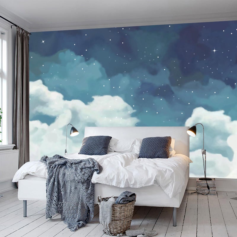 WFBHUAVintage Cloud Wallpaper Hand Painted Blue and White Clouds Stars Kids Wall Murals Decor for Bedroom RoomNot Peel and Stick - Image 2