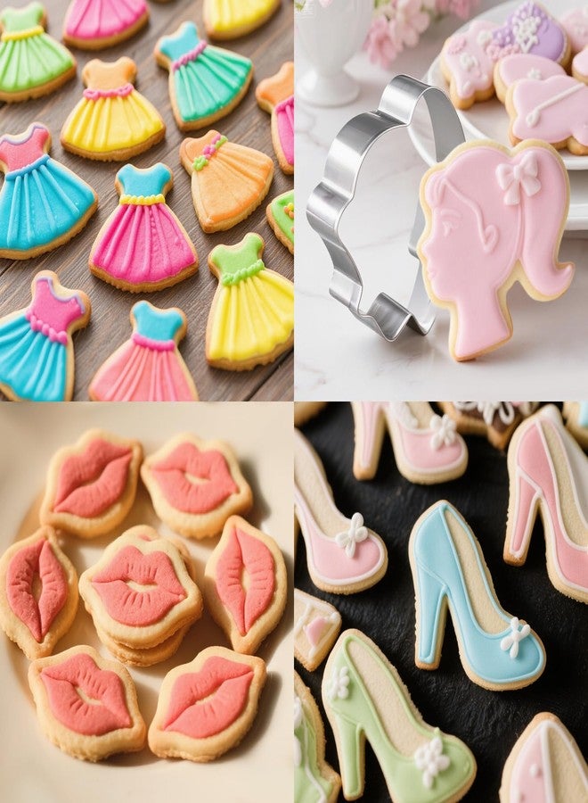Kukifun 4Pcs Fashion Girl Cookie Cutters, Princess Face Lips Skirt High Heel Shoe Biscuit Pastry Baking Molds for Hotpink Makeup Birthday Party Cake Decorations - Image 3