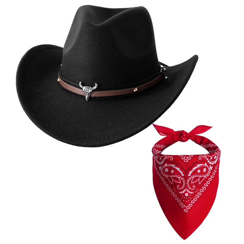 Jastore Baby Boys Girls Western Hats Toddler Cowboy Leather Buckle Felt Cowgirl Hat with Cowboy Red Bandanas (US, Age, 1 Year, 3 Years, Black) - Image 1