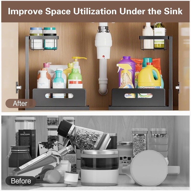 VUSIGN Under the Sink Organizer, 2-Tier Pull Out Cabinet Organizer, Metal Slide Out Storage for Bathroom Kitchen, 1Pack, Black - Image 2