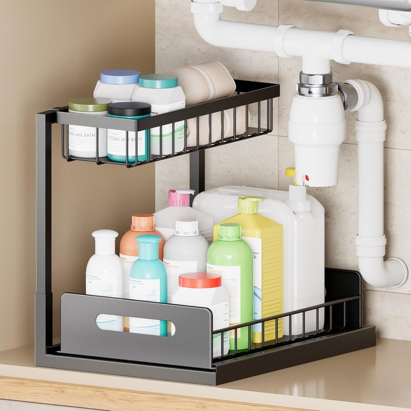 VUSIGN Under the Sink Organizer, 2-Tier Pull Out Cabinet Organizer, Metal Slide Out Storage for Bathroom Kitchen, 1Pack, Black - Image 1