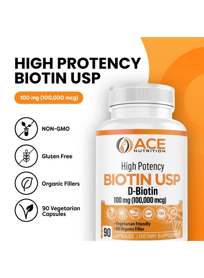ACE NUTRITION High Potency Biotin Usp (Dbiotin 100000Mcg) Superior Biotin Organic Rice Flour Vegetarian Capsules For Hair Skin & Myelin Health Made In The Usa (100Mg/90 Capsules) - Image 3