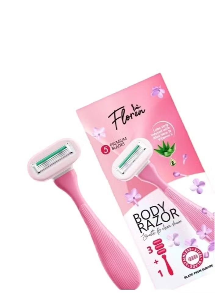 Floren The Florin Dodi razor consists of one handle + 3 cartridges of 5 European stainless steel blades infused with aloe vera and vitamin D. - Image 1