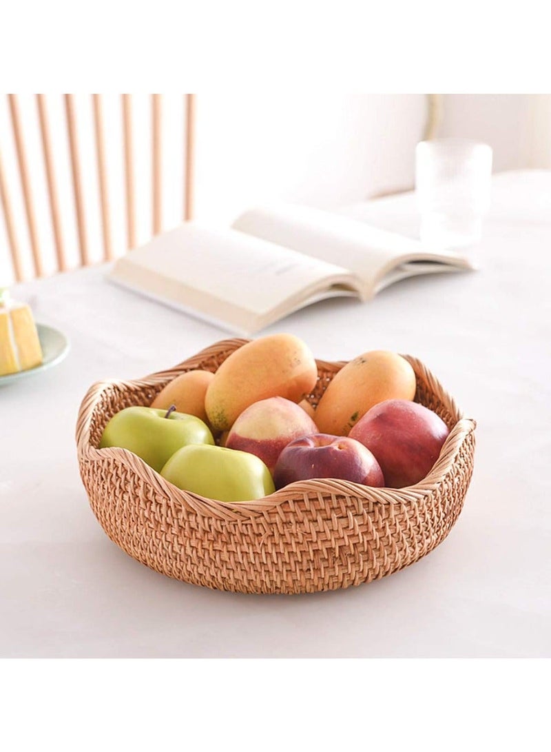 Hand-woven Basket, Handmade Rattan Round Fruit Basket Round Serving Tray Fruit Bowl, Bread Basket, Food Storage Bowl, Snack Serving Bowl Boho Home Décor Display Tray (10.2 Inch)  - Image 3