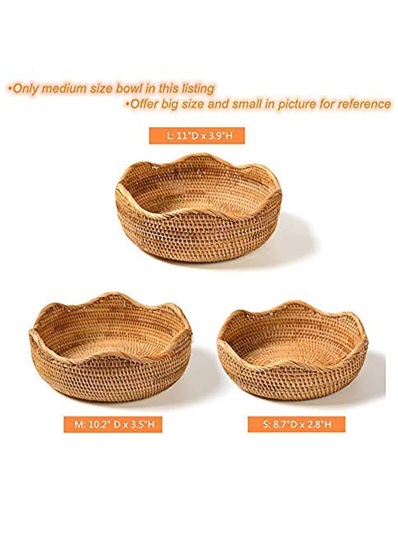 Hand-woven Basket, Handmade Rattan Round Fruit Basket Round Serving Tray Fruit Bowl, Bread Basket, Food Storage Bowl, Snack Serving Bowl Boho Home Décor Display Tray (10.2 Inch)  - Image 5