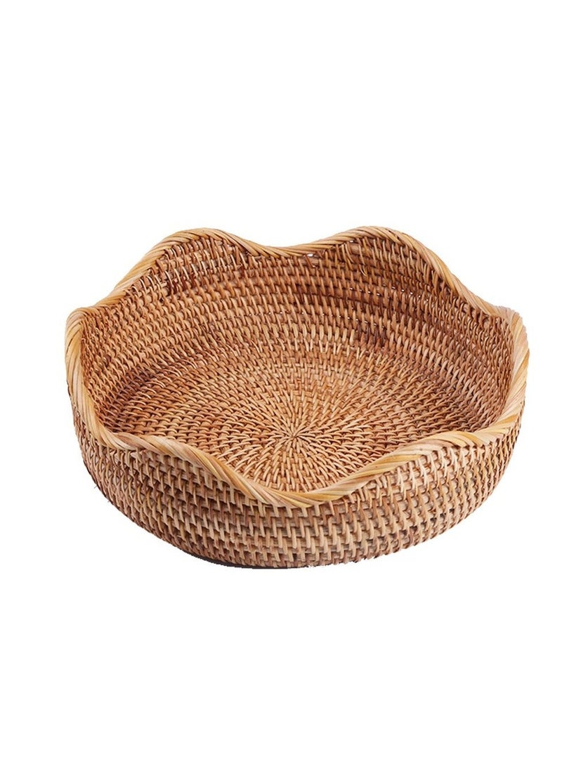 Hand-woven Basket, Handmade Rattan Round Fruit Basket Round Serving Tray Fruit Bowl, Bread Basket, Food Storage Bowl, Snack Serving Bowl Boho Home Décor Display Tray (10.2 Inch)  - Image 1