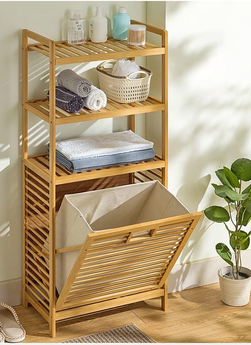 JOMILA - Bamboo Laundry Hamper Basket with Liner Bag Storage Dirty Clothes Tilt Out Baskets Section with Handles 3-Tier Shelves Organizer Hampers for Bedroom Bathroom Living Room - Image 1