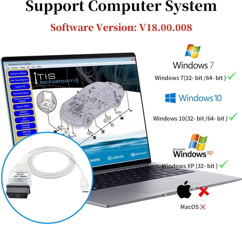 lydesor كابل Mini VCI J2534 لـ Toyota Techstream - الإصدار الأحدث V18.00.008، كابل تشخي�� وإعادة برمجة من OBD2 إلى USB يناسب سيارات Toyota وLexus وScion، يعمل مع أنظمة Windows XP وWin7 وWin10 (32/64 بت) - Image 4