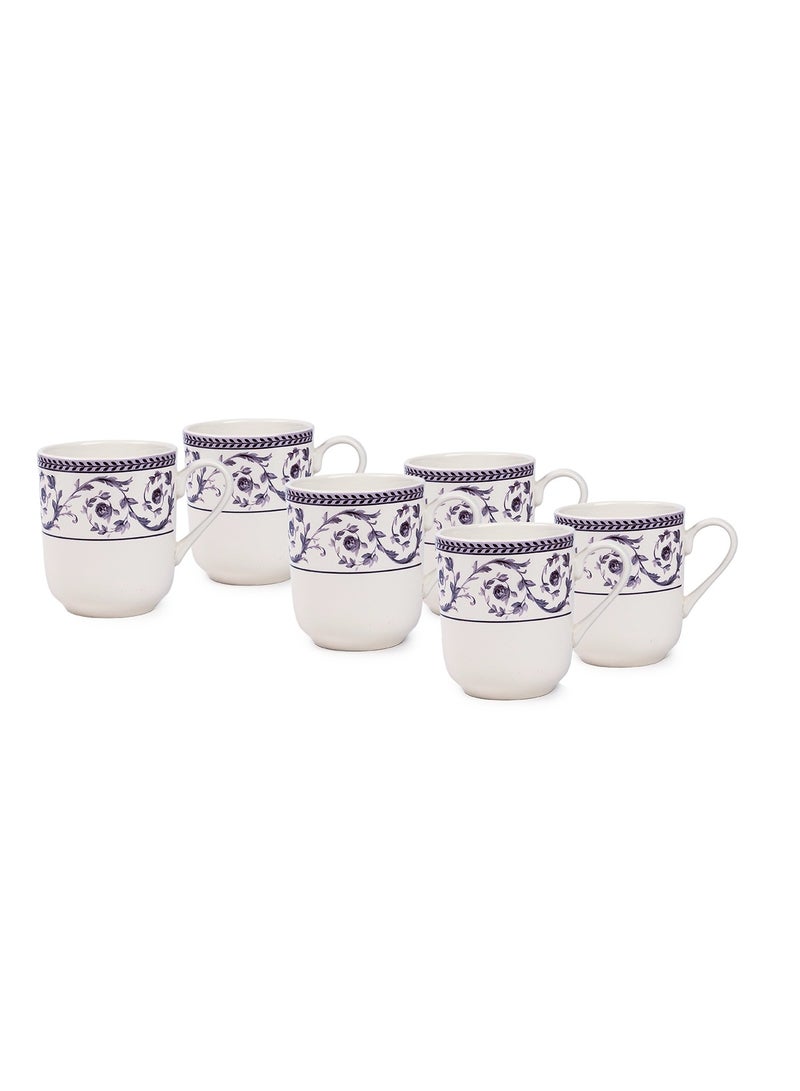 Claytan Callista Floral Pattern 370 ml Ceramic Mug (White, Set of 6)