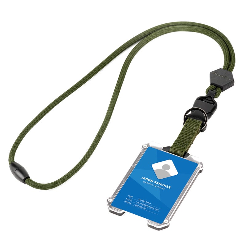 Techion Badge Holder, Hard Plastic ID Badge Holder with Heavy Duty Breakaway Lanyard, Detachable Buckle, Holds up to 5 Cards and Adjustable for Office, School - Vertical Army Green - Image 1
