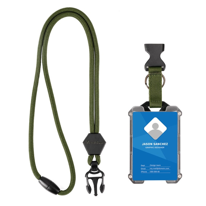 Techion Badge Holder, Hard Plastic ID Badge Holder with Heavy Duty Breakaway Lanyard, Detachable Buckle, Holds up to 5 Cards and Adjustable for Office, School - Vertical Army Green - Image 3