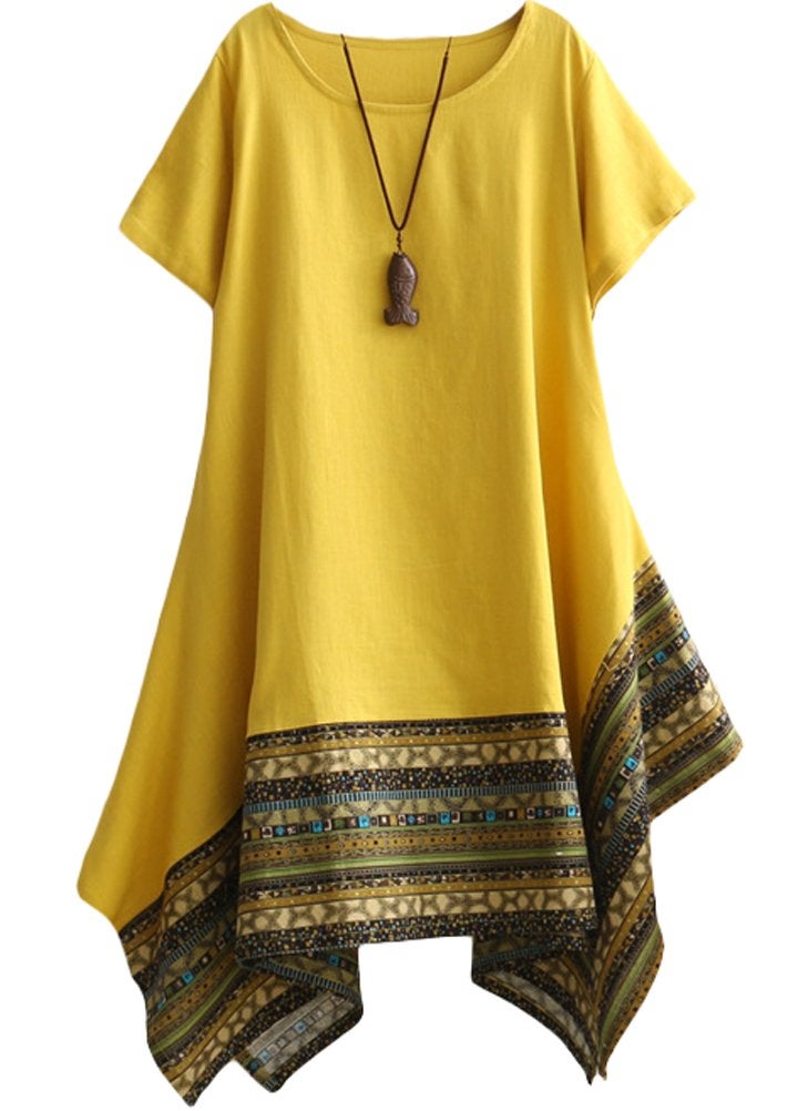 Minibee Womens Ethnic Cotton Linen Short Sleeves Irregular Tunic Dress 2XL Yellow