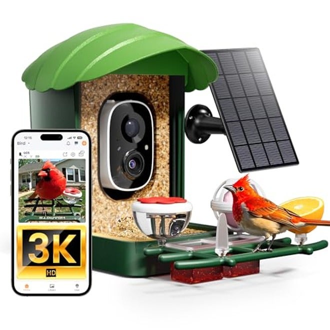 HEAPETS Smart Bird Feeder with Camera Solar Powered, 2K HD Video, AI Bird Species Identification, Instant Arrival Alerts, Weatherproof Design for Effortless Birdwatching, Best Gift for Bird Lovers, Red