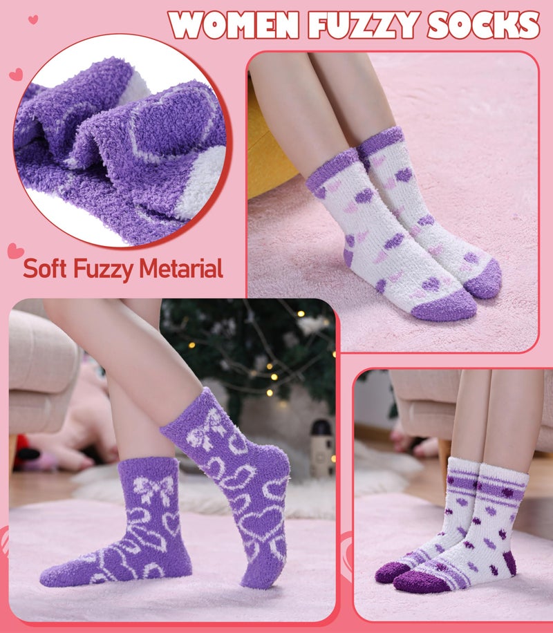 LINEMIN Womens Fuzzy Socks Cozy Fluffy Winter Slipper Warm Thick Fleece Soft Home Sleeping Socks (Purple/White Heart-shaped) - Image 4