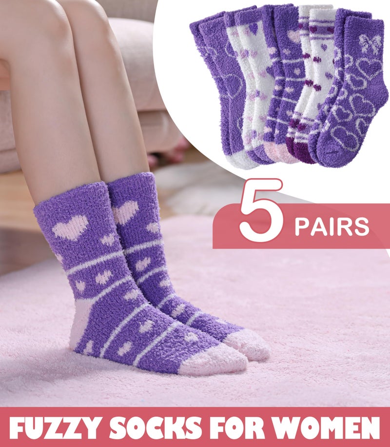 LINEMIN Womens Fuzzy Socks Cozy Fluffy Winter Slipper Warm Thick Fleece Soft Home Sleeping Socks (Purple/White Heart-shaped) - Image 3