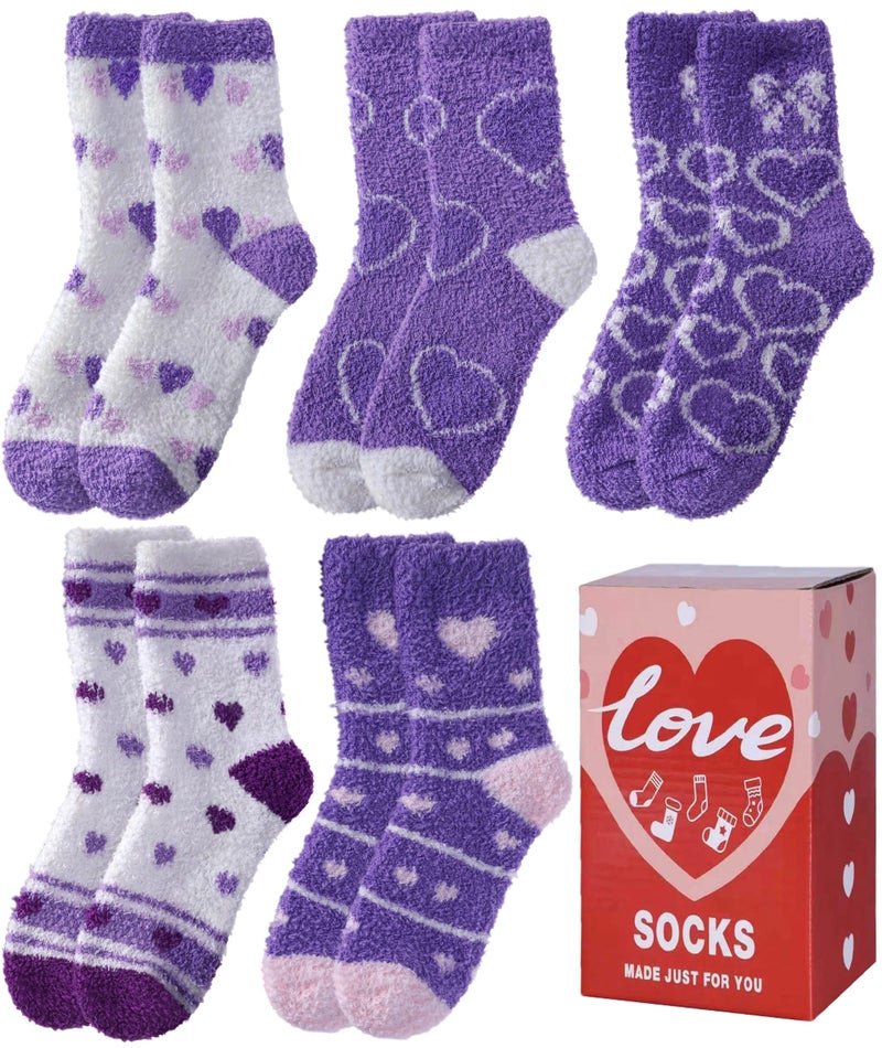 LINEMIN Womens Fuzzy Socks Cozy Fluffy Winter Slipper Warm Thick Fleece Soft Home Sleeping Socks (Purple/White Heart-shaped) - Image 1