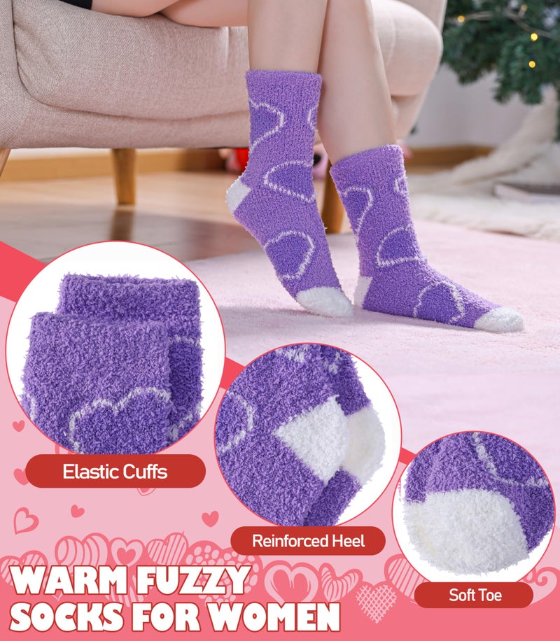 LINEMIN Womens Fuzzy Socks Cozy Fluffy Winter Slipper Warm Thick Fleece Soft Home Sleeping Socks (Purple/White Heart-shaped) - Image 2