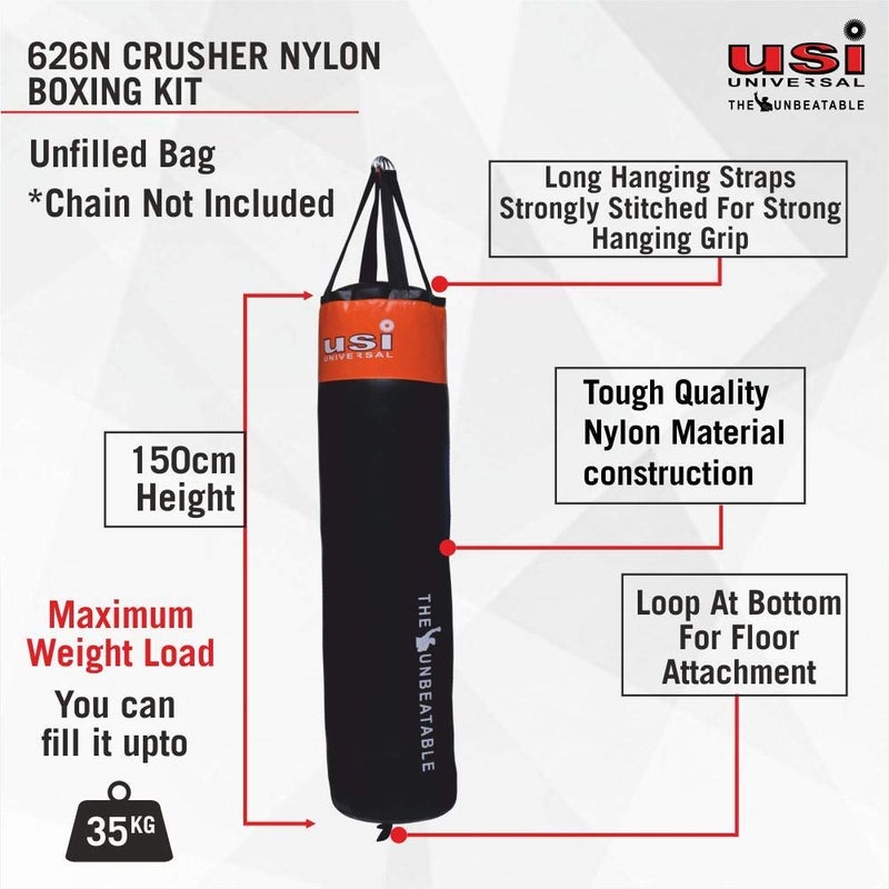 USI UNIVERSAL Punching Bag, 626N Crusher Nylon Unfilled Boxing Bag for Boxing Martial Arts Kickboxing Training, Nylon Material, Long Hanging Strap, Dia 33cm (Length 5Ft/150cm) - Image 5