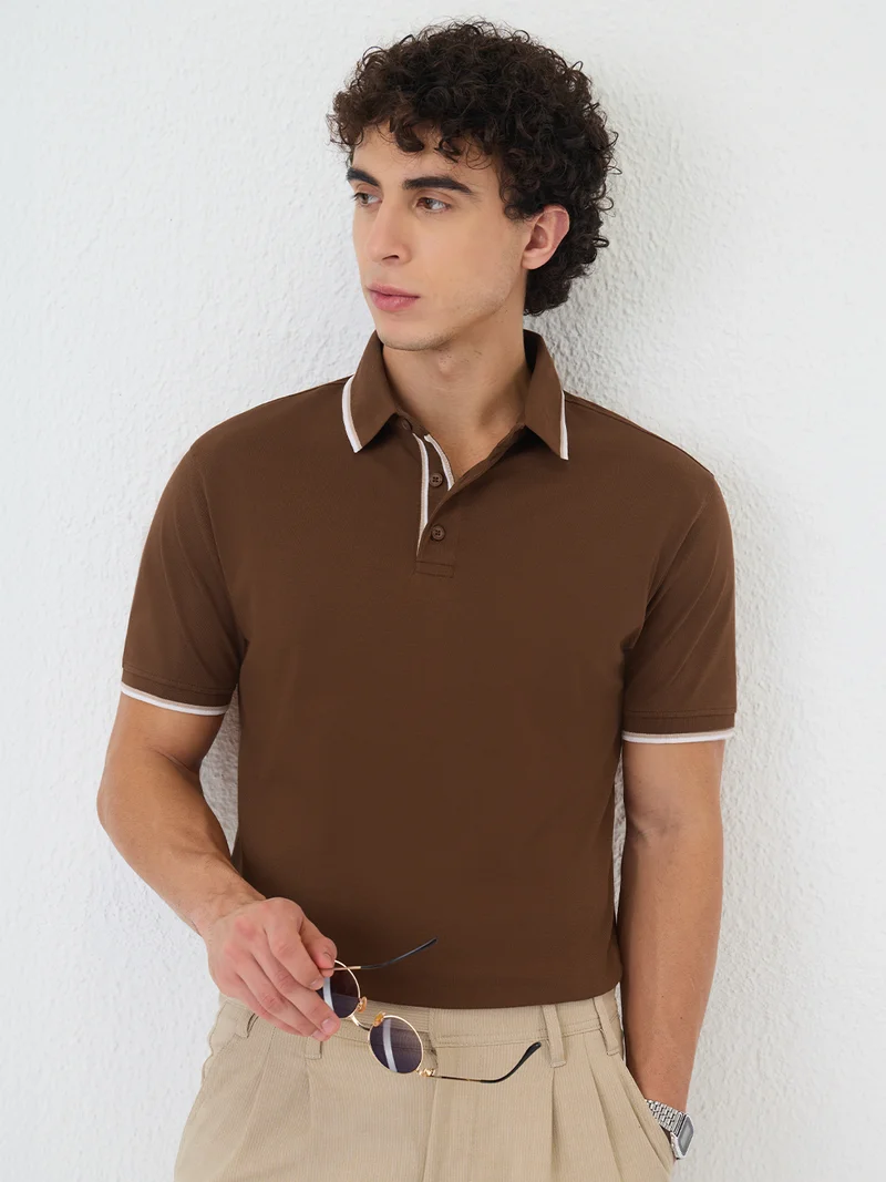 The Souled Store New Basics: Pique Polo Biscuit Men and Boys Short Sleeve Spread Collar Biscuit Brown Solid Cotton Blend Regular Fit Polo Shirts