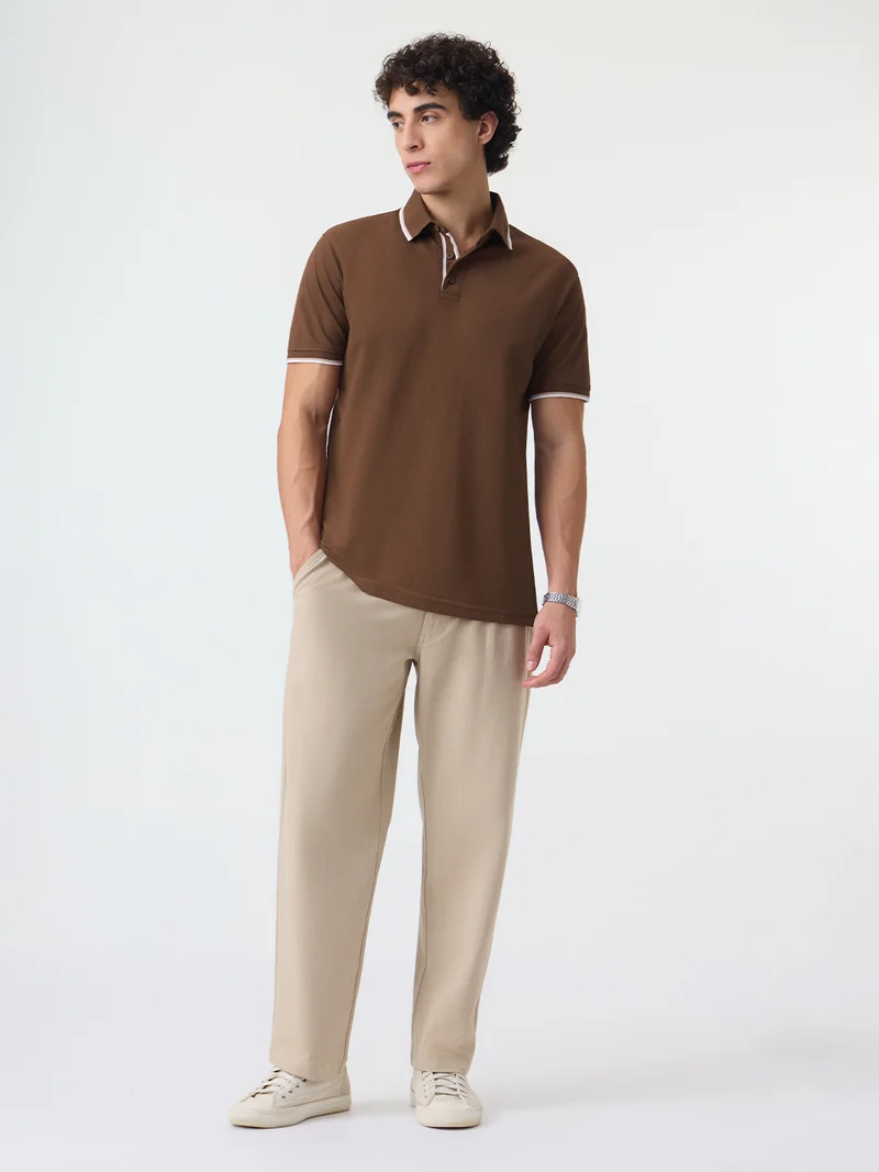 The Souled Store  The Souled Store New Basics: Pique Polo Biscuit Men and Boys Short Sleeve Spread Collar Biscuit Brown Solid Cotton Blend Regular Fit Polo Shirts  | Best Price UAE