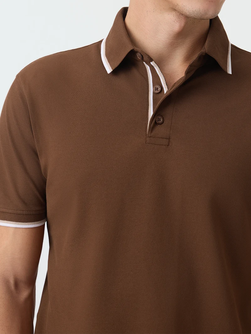 The Souled Store  The Souled Store New Basics: Pique Polo Biscuit Men and Boys Short Sleeve Spread Collar Biscuit Brown Solid Cotton Blend Regular Fit Polo Shirts  | Best Price UAE