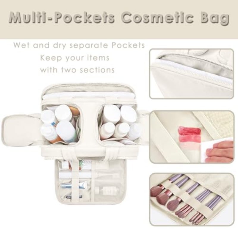 Travel toiletry bag for daily use, nylon fabric, black color, lightweight and large capacity with wide opening and multiple pockets - Image 4