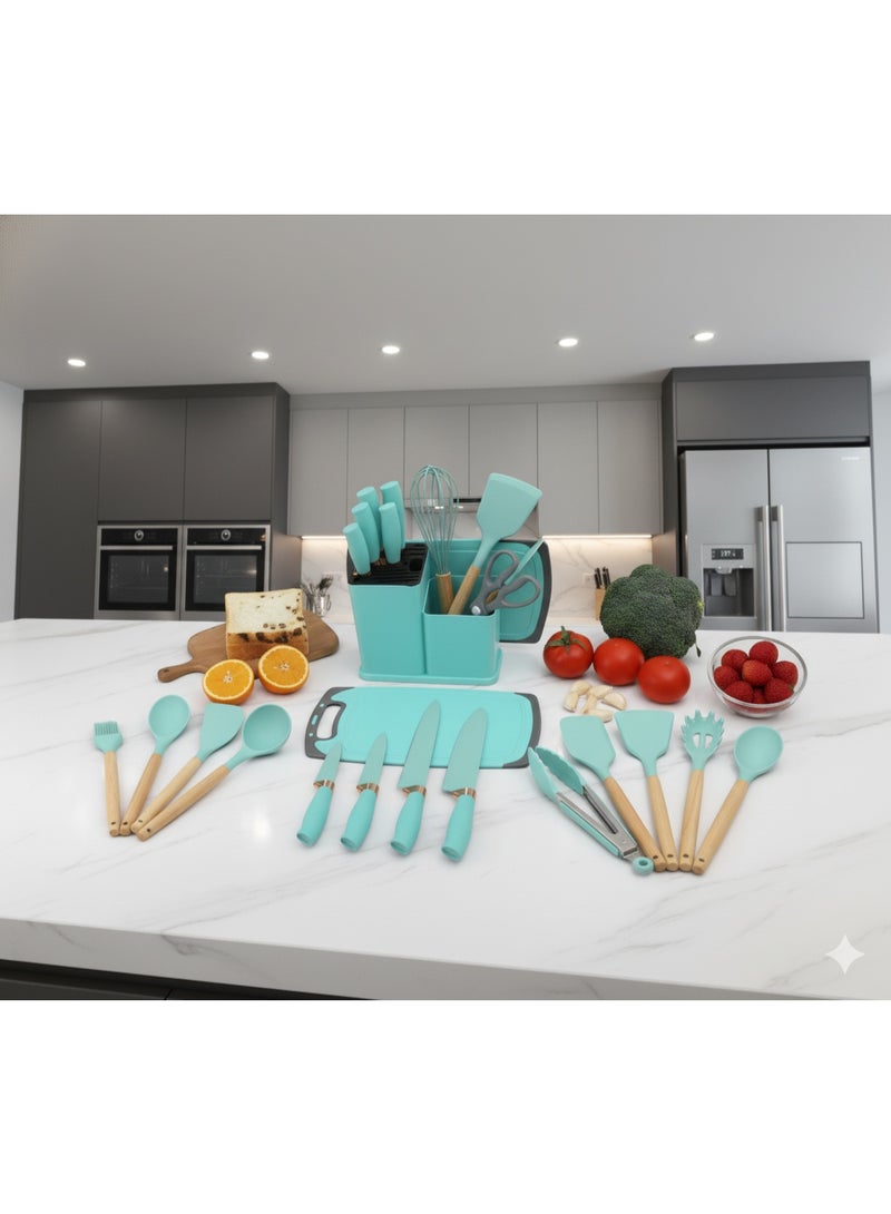 YAH Creation YAH 19-Piece Premium Silicone Kitchen Utensil Set with Wooden Handles, Stylish Stainless Steel Knives, & Unique Cutting Board - Heat-Resistant, Non-Stick, BPA-Free - Image 4