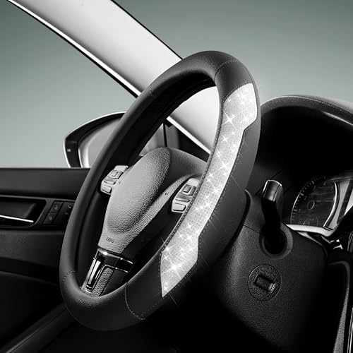 PIC AUTO Steering Wheel Cover Sparkly Crystal Bling Glitter with Black Leather Universal Fit 145155 Car Steering Wheels for Girls Women Breathable AntiSlip Steering Wheels Cover - Image 1
