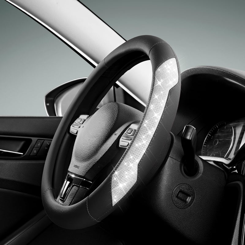 PIC AUTO Steering Wheel Cover Sparkly Crystal Bling Glitter with Black Leather Universal Fit 145155 Car Steering Wheels for Girls Women Breathable AntiSlip Steering Wheels Cover - Image 3