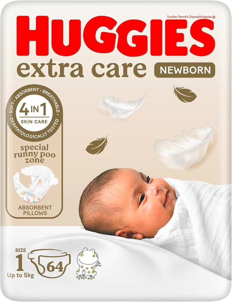HUGGIES حفاضات هاجيز إكسترا كير لحديثي الولادة، الحجم 1، عبوة كبيرة - Image 1