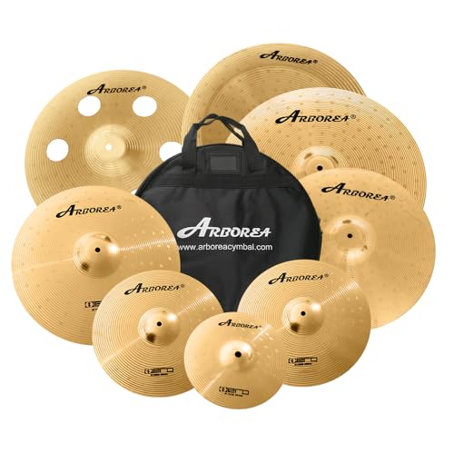 Arborea Cymbal Pack for Drum 8 pcs Super Polishing Cymbals Set Brilliant Gold Hero Series Include 14"Hihats 16"Crash 18"Crash 20"Ride Bonus 10" Splash 16"Ozone Stacker 18" China Cymbal Free Cymbal Bag - Image 1