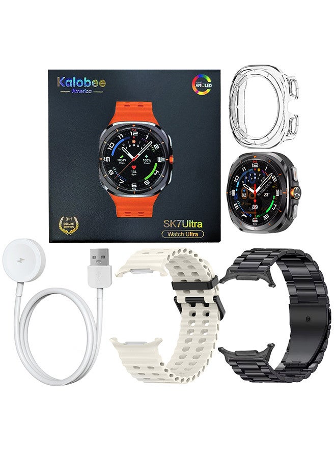 Kalobee حزمة ساعة SK7 الذكية الفائقة مع الملحقات بما في ذلك 1 حزام من الفولاذ المقاوم للصدأ الأسود 1 حزام سيليكون كريمي وكابل شحن وحافظة واقية من TPU - Image 4