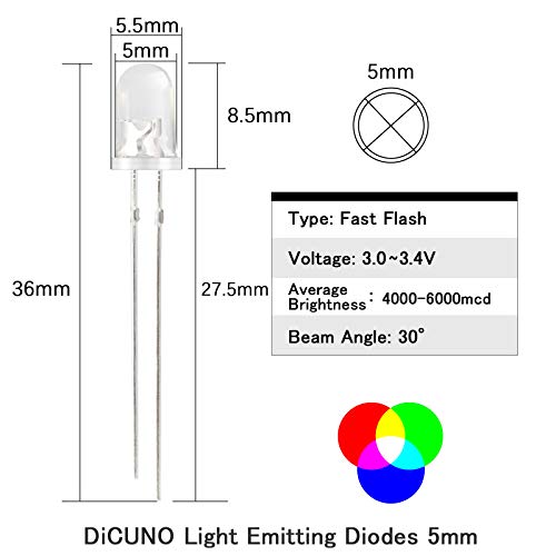 DiCUNO 100pcs 5mm RGB Multicolor Fast Blinking LED Diode, Multi-Color Blinking Changing Light Emitting Diodes, 2 Pins Clear Round Lens Diffused Flicker Electronic Components Circuit Lights Kit - Image 2