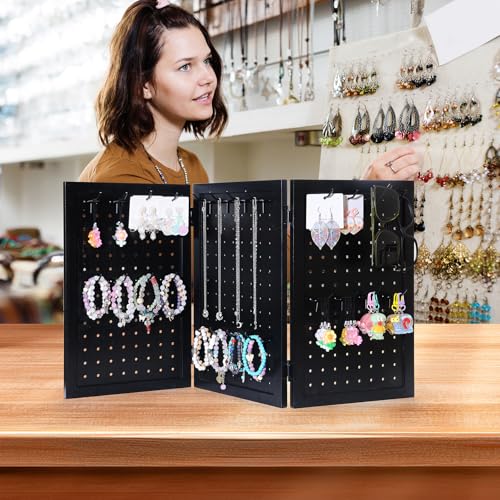 humberboat Wooden Foldable and Portable 3-Panel Pegboard Jewelry Display Organizer with 24 Removable Black Metal Hooks for Bracelets, Earrings and Keychains, Versatile Countertop Rack for Store, Black - Image 5