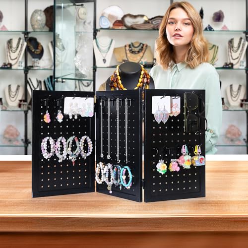 humberboat Wooden Foldable and Portable 3-Panel Pegboard Jewelry Display Organizer with 24 Removable Black Metal Hooks for Bracelets, Earrings and Keychains, Versatile Countertop Rack for Store, Black - Image 3