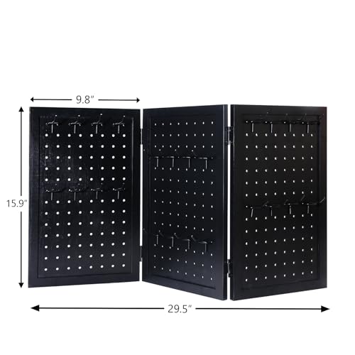 humberboat Wooden Foldable and Portable 3-Panel Pegboard Jewelry Display Organizer with 24 Removable Black Metal Hooks for Bracelets, Earrings and Keychains, Versatile Countertop Rack for Store, Black - Image 2