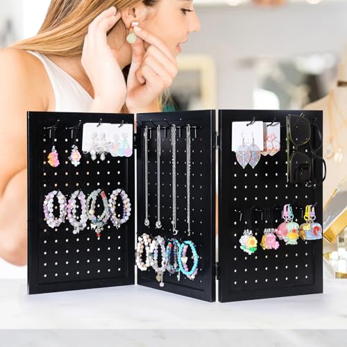 humberboat Wooden Foldable and Portable 3-Panel Pegboard Jewelry Display Organizer with 24 Removable Black Metal Hooks for Bracelets, Earrings and Keychains, Versatile Countertop Rack for Store, Black - Image 4