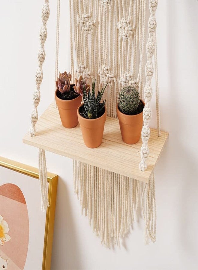 Urooz Macram Wooden Wall Hanging Shelf |959| Modern Chic Woven Macrame Tapestries, Wall Art Home Decor for Apartment, Dorm, Bedroom, Living Room, Nursery, Party Decorations, 12" W x 24" H - Image 2