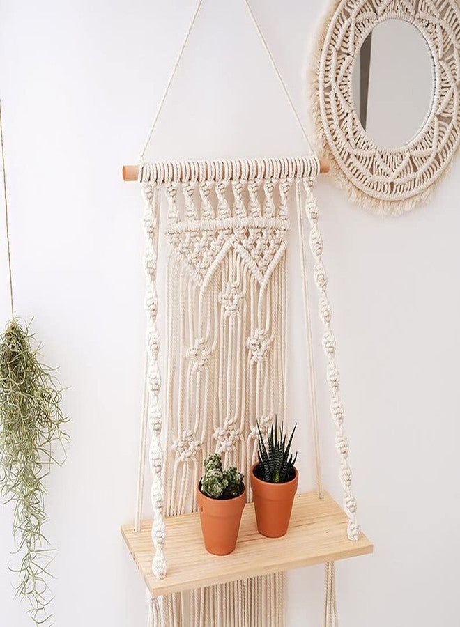 Urooz Macram Wooden Wall Hanging Shelf |959| Modern Chic Woven Macrame Tapestries, Wall Art Home Decor for Apartment, Dorm, Bedroom, Living Room, Nursery, Party Decorations, 12" W x 24" H - Image 1