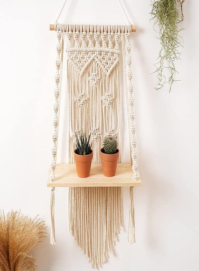 Urooz Macram Wooden Wall Hanging Shelf |959| Modern Chic Woven Macrame Tapestries, Wall Art Home Decor for Apartment, Dorm, Bedroom, Living Room, Nursery, Party Decorations, 12" W x 24" H - Image 3