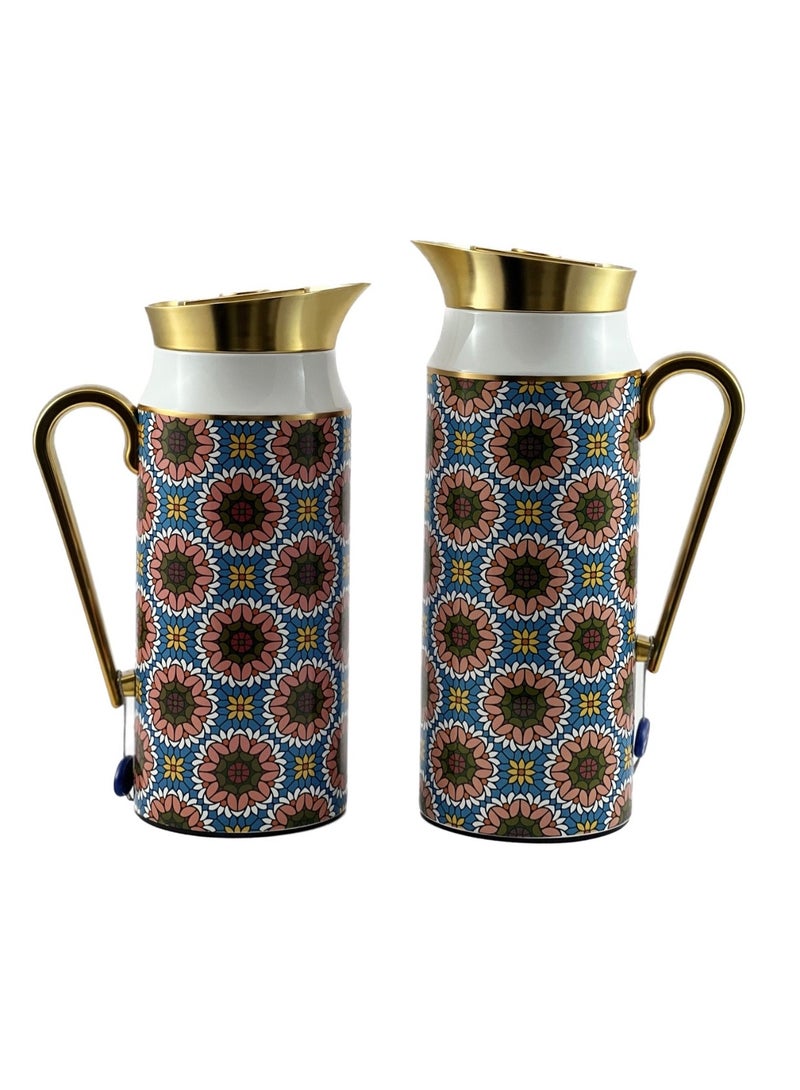 Homemaker 2-Piece Tea & Coffee Flask - 0.75 Liter & 1 Liter Capacity - Glass Inner - Steel Body - Multicolor Desing - Gold Handle - Image 1
