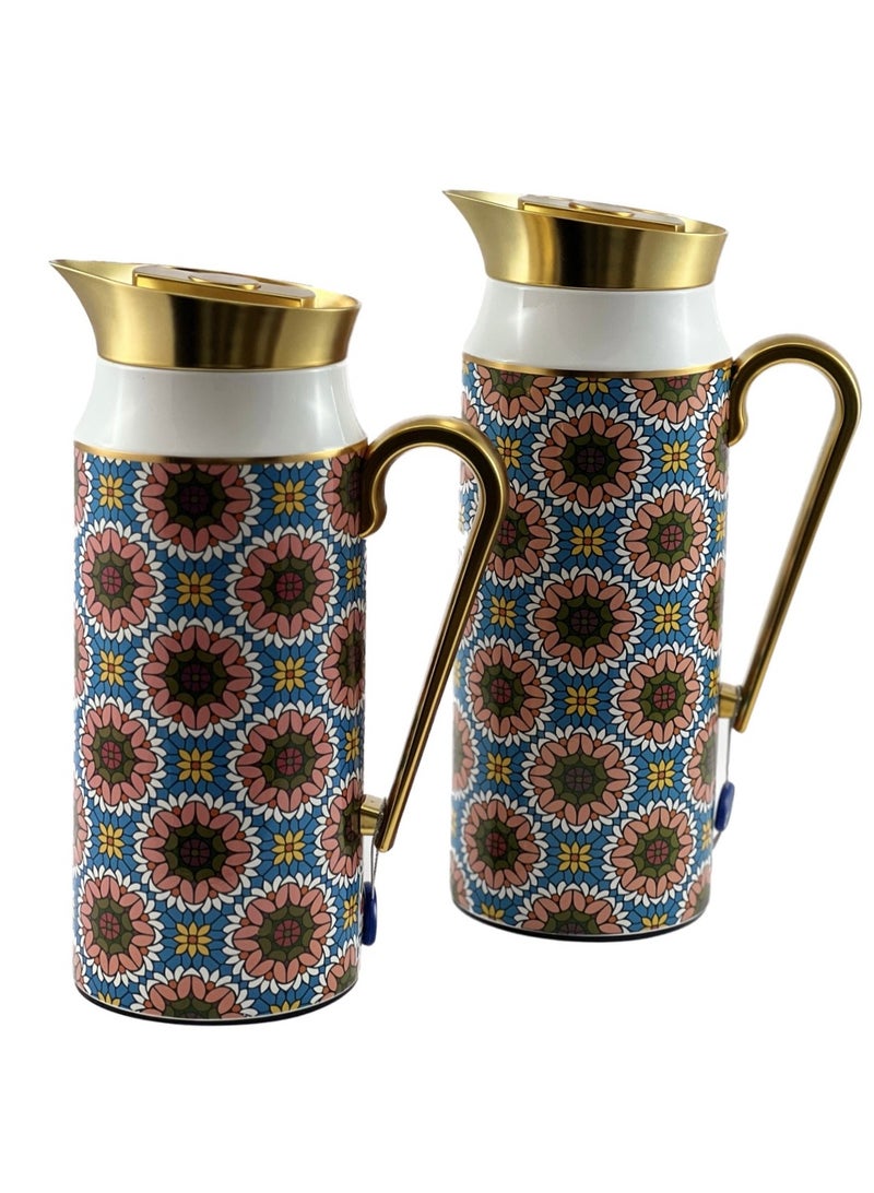 Homemaker 2-Piece Tea & Coffee Flask - 0.75 Liter & 1 Liter Capacity - Glass Inner - Steel Body - Multicolor Desing - Gold Handle - Image 2