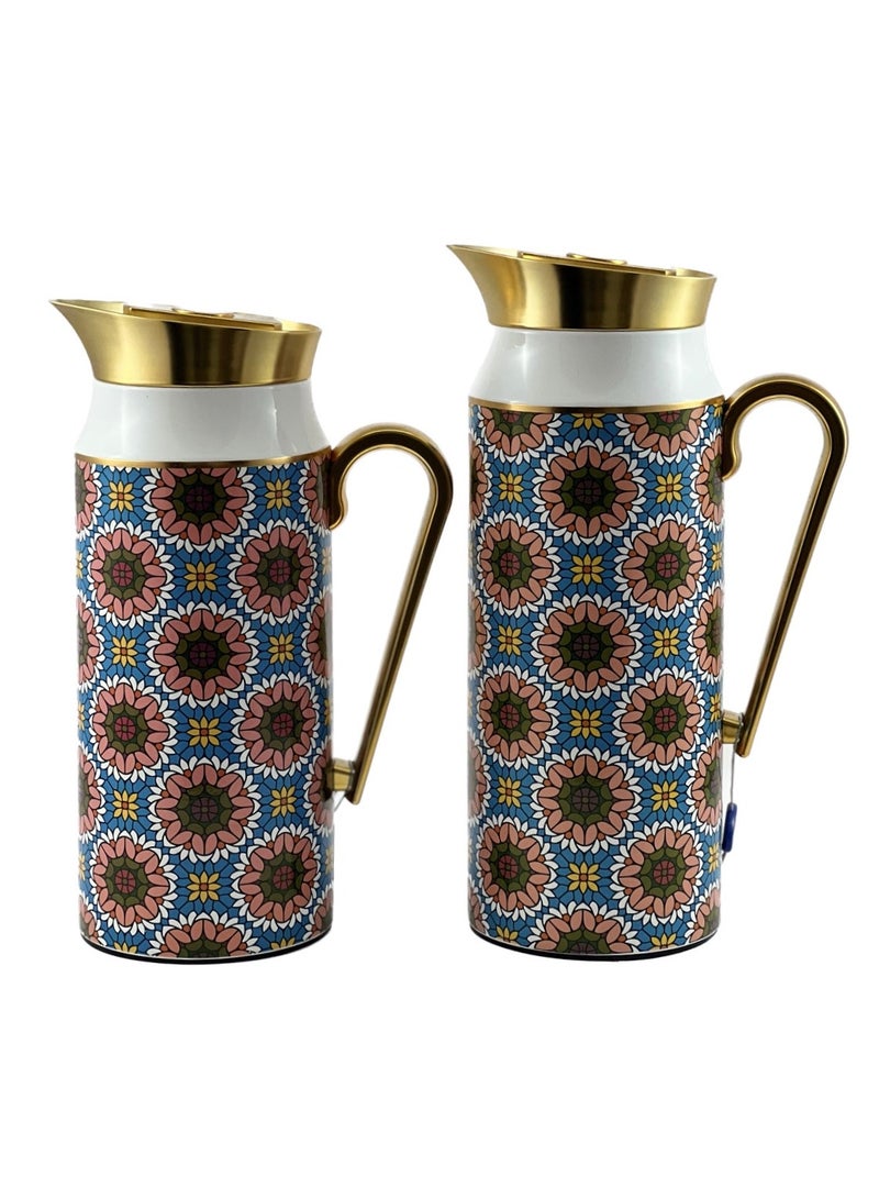 Homemaker 2-Piece Tea & Coffee Flask - 0.75 Liter & 1 Liter Capacity - Glass Inner - Steel Body - Multicolor Desing - Gold Handle - Image 3
