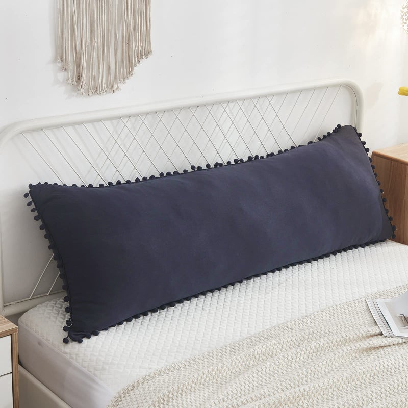 Blue Body Pillow Cover Shabby Chic Long Pillow Case Cover Navy Blue Pom Poms Fringe Body Pillow case with Pocket Closure 20x54 inchesBodyNavy Blue