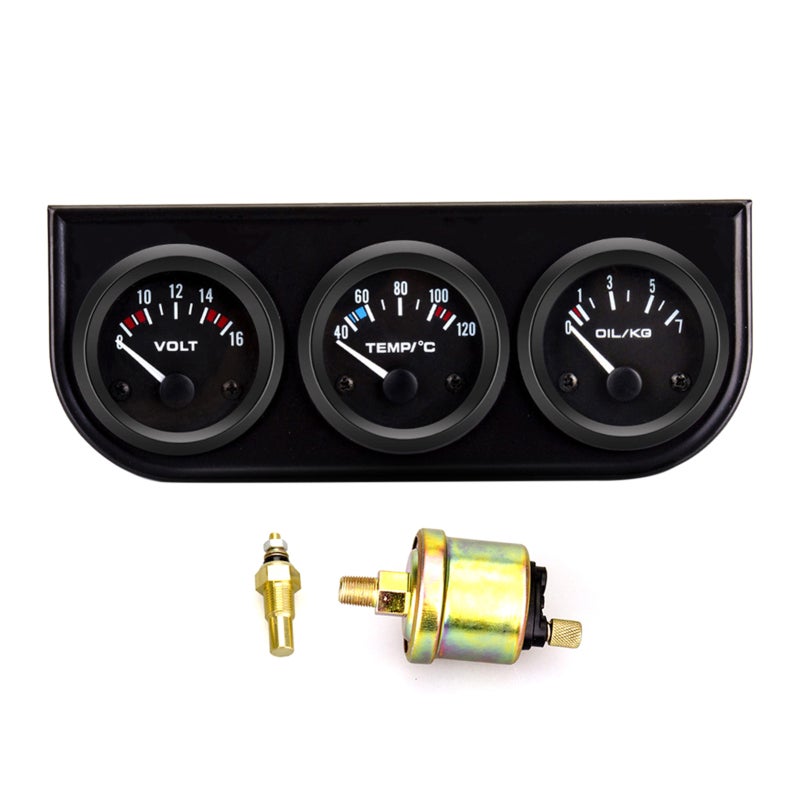 Triple Gauge Kit Black 3-In-1 Engine Data Monitoring - High Durability Seismic Resistance Car Volt Meter for 12V Cars Racing Cars Modified Cars - Image 1