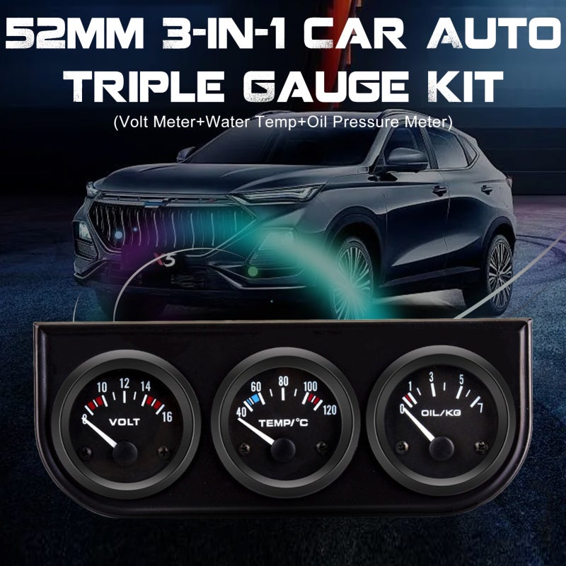 Triple Gauge Kit Black 3-In-1 Engine Data Monitoring - High Durability Seismic Resistance Car Volt Meter for 12V Cars Racing Cars Modified Cars - Image 5