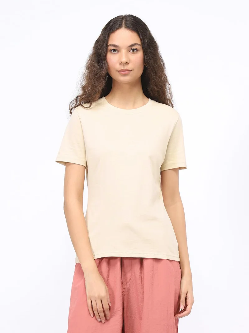 نوبيرو Solid Cream T-Shirt for Women